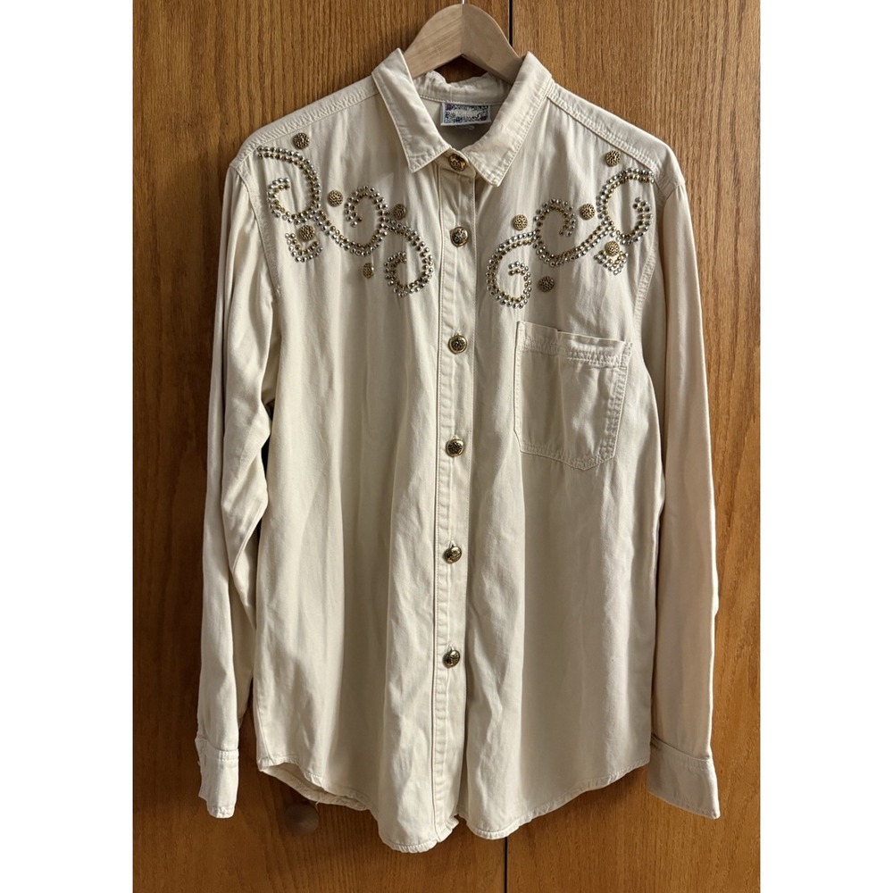 VTG Monique Fashions Wms‎ Shirt Sz 14 XL 80s Ivory Denim Studded Cowgirl Bling